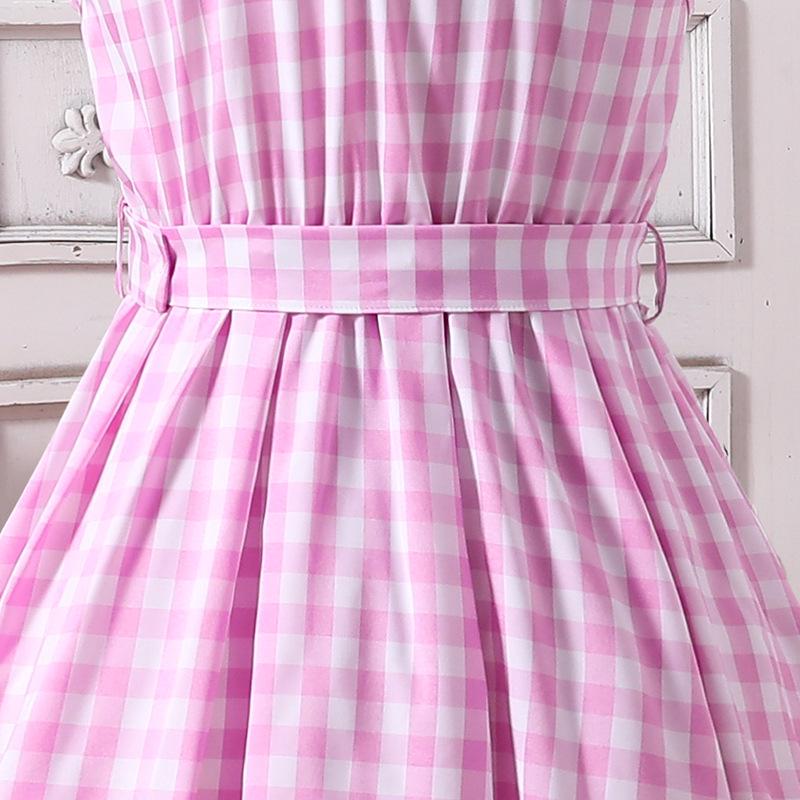 Vestito da bambina senza maniche a quadri rosa con scollo all'americana - Stile europeo e americano