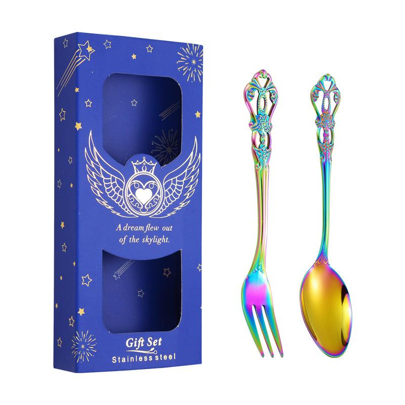 Stainless Steel Spoon Fork Two-piece Cutlery Gift Box Retro Coffee Spoon and Fork Set with Hand