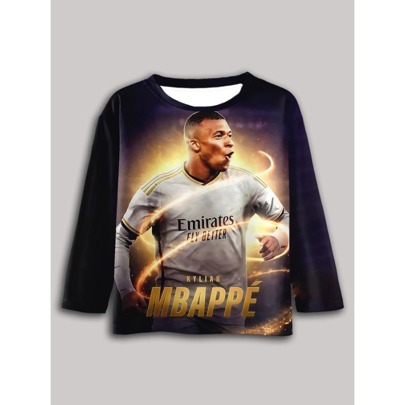 Spring and Autumn Round Neck 3D Football Star Kylian Mbappé Pattern Printed Top Fashionable Casual Long Sleeved Children's Boy T-shirts