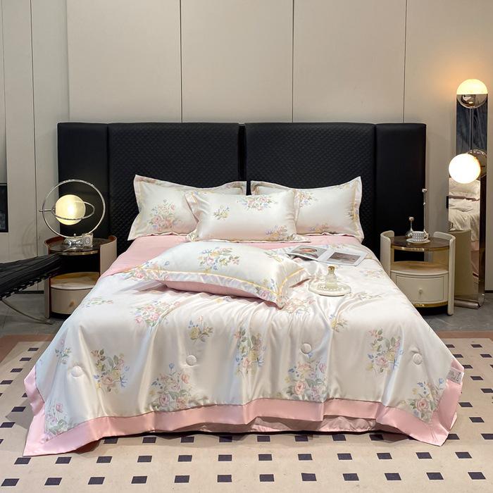 Printed Tencel Summer Quilt 4-Piece Set - Cooling Ice Silk for Naked Sleep, Smooth Gift Quilt