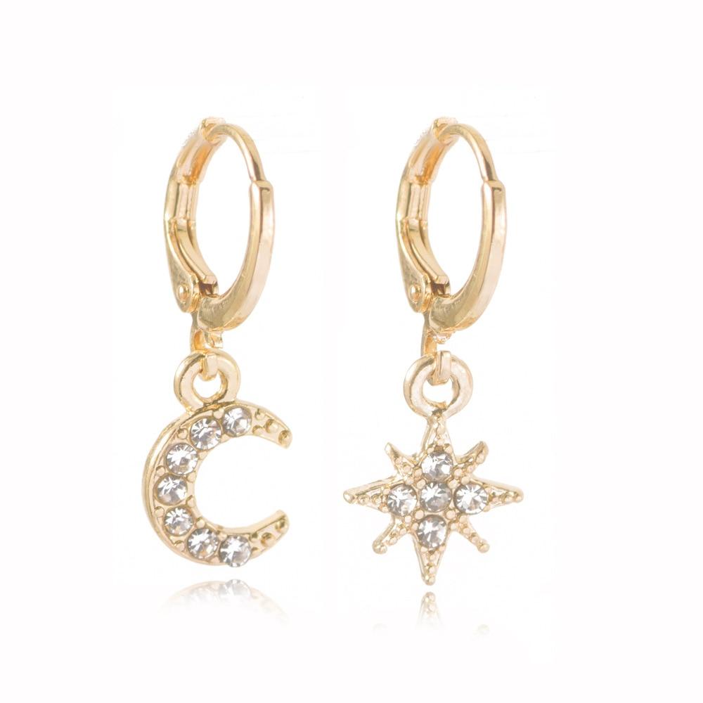 Orecchini Pendenti Donna Argento Stella E Luna – Cerchi Piccoli Asimmetrici Con Zirconi – Leggeri Ed Eleganti