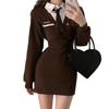 Autumn new high-waisted college style lapel neck hip-wrapped short skirt fake two-piece splicing shirt long-sleeved dress women