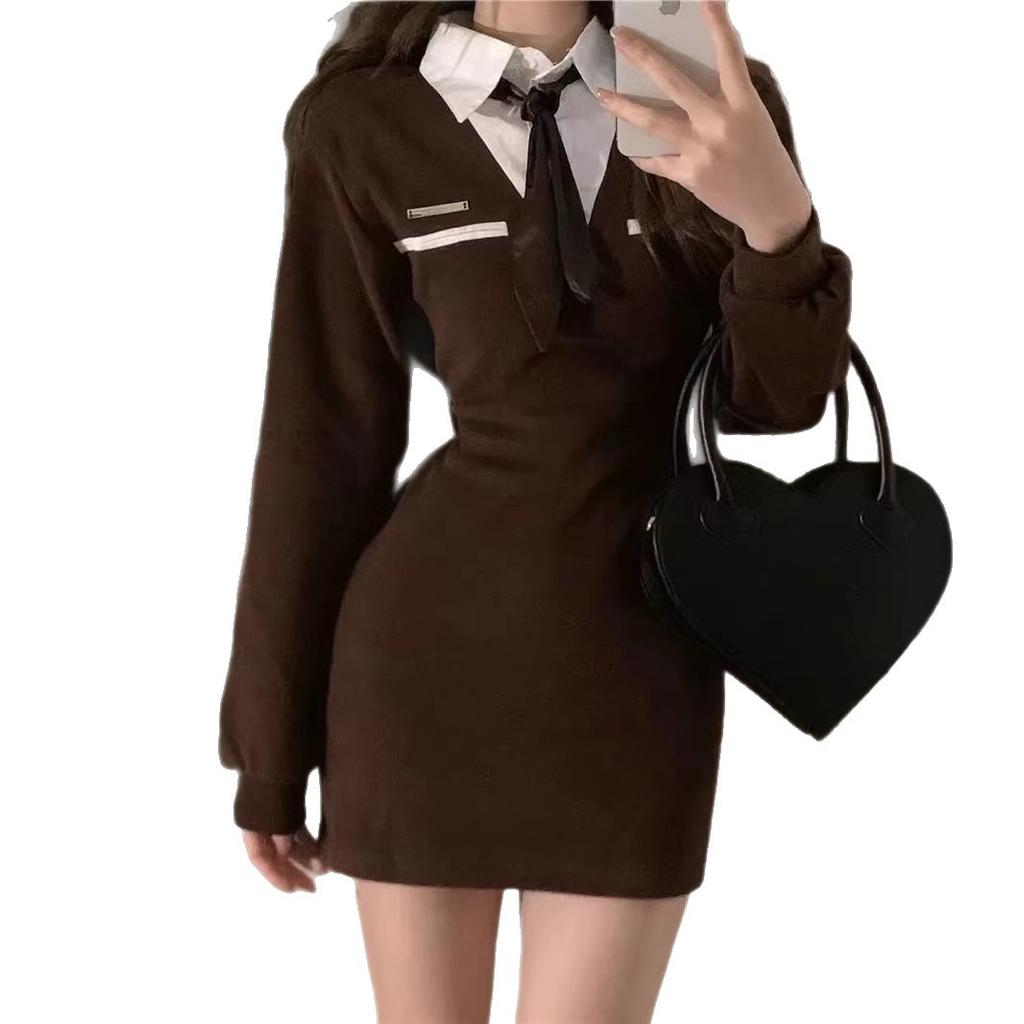 Autumn new high-waisted college style lapel neck hip-wrapped short skirt fake two-piece splicing shirt long-sleeved dress women