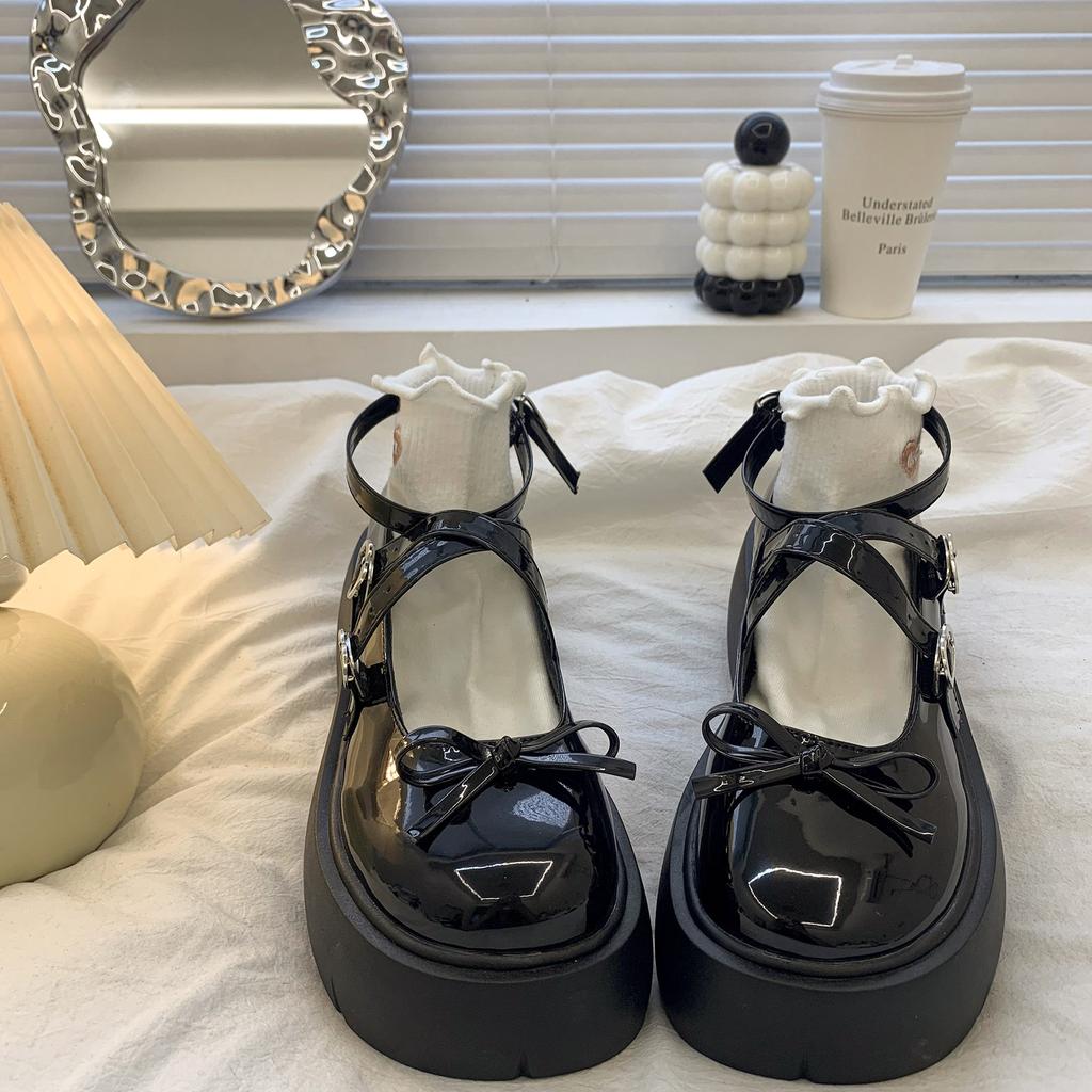 Sweet Girl Jk Small Leather Shoes Women'S Cross Buckle Loafers~ Spring, Summer And Autumn Wear 7Cm Mary Jane Single Shoes