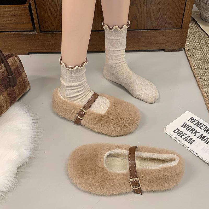 Fashion shallow mouth flat bottom plush shoes women wear winter versatile word with soft bottom Mary Jane cotton shoes