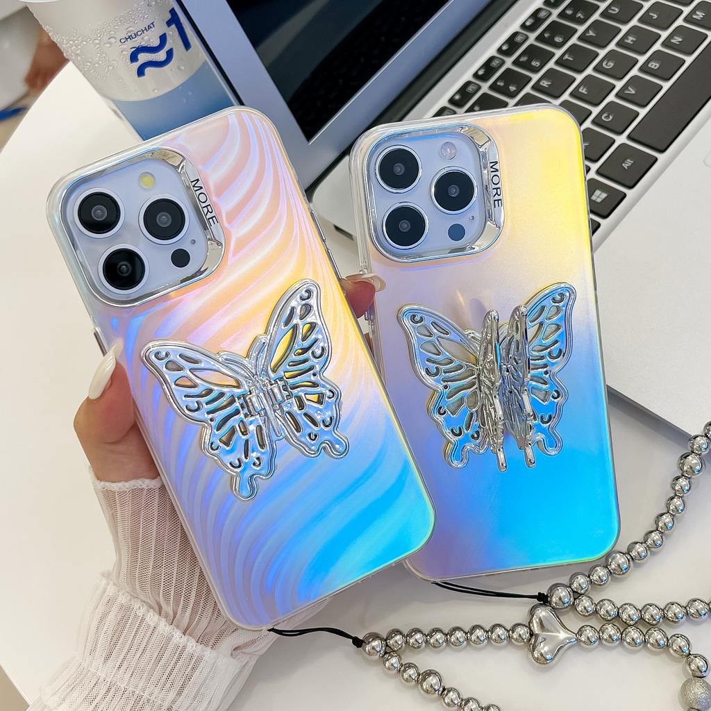 For Apple 16E Three-dimensional Butterfly Stand Electroplated Laser for IPhone15promax Bracelet Mobile Phone Case