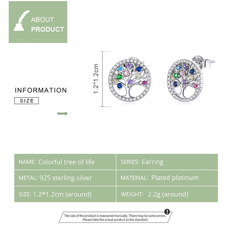 BAMOER Authentic 925 Sterling Silver Colorful Tree of Life Earring Stud Statement Fashion Jewelry