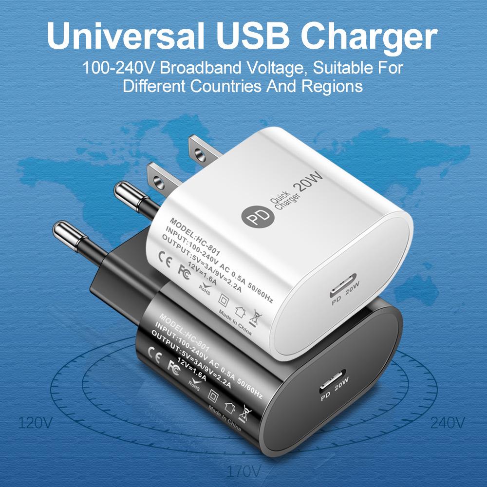 PD Fast Charger 20W with EU/US/UK Travel Adapter for Mobile Phones
