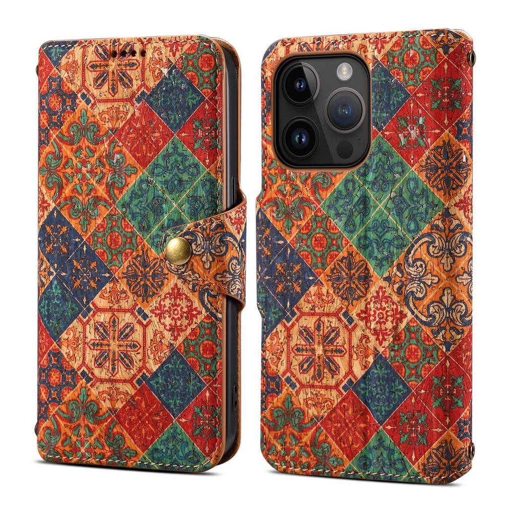 Custodia a Portafoglio Flip Etnica Floreale Boemia per Telefono - Custodia a Tracolla con Texture in Sughero, Porta Carte e Supporto per Serie iPhone 17 Pro 16 15