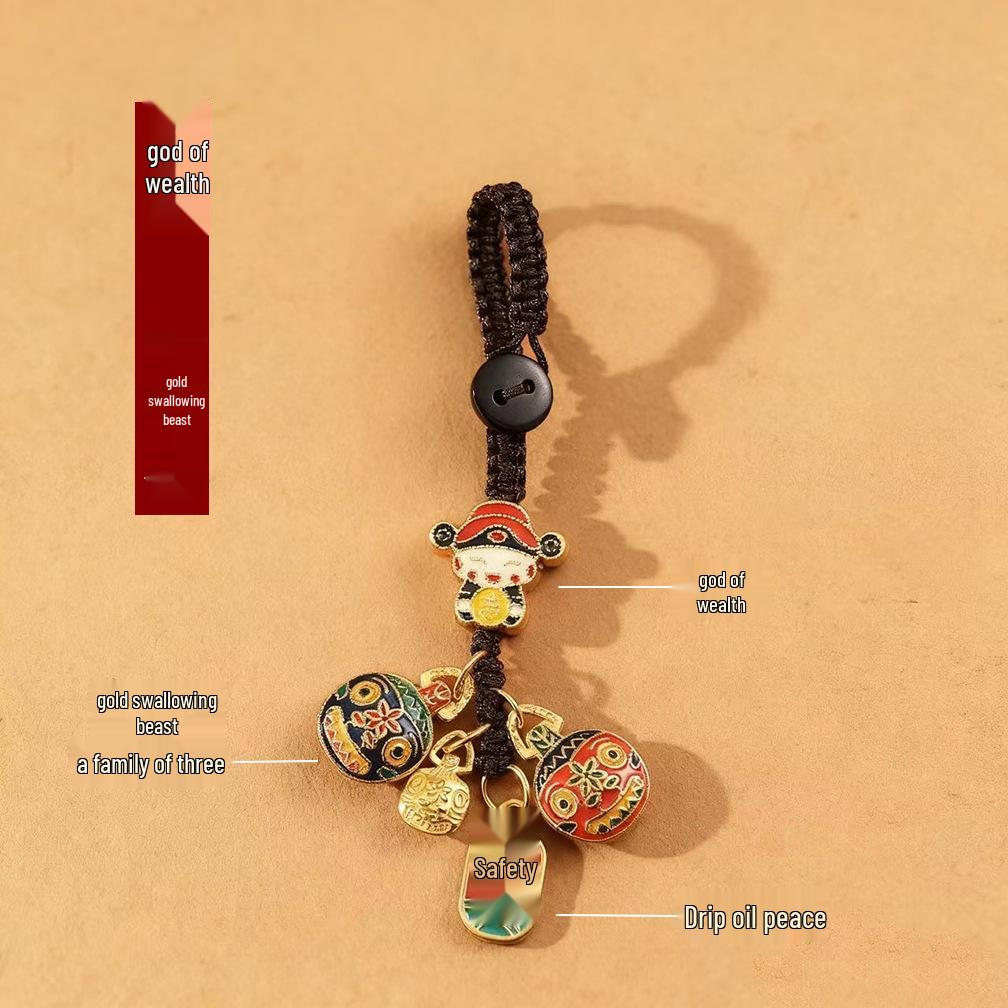 Gold Sand God of Wealth Family Keychain Pendant: Fortune & Gold-Devouring Beast Design
