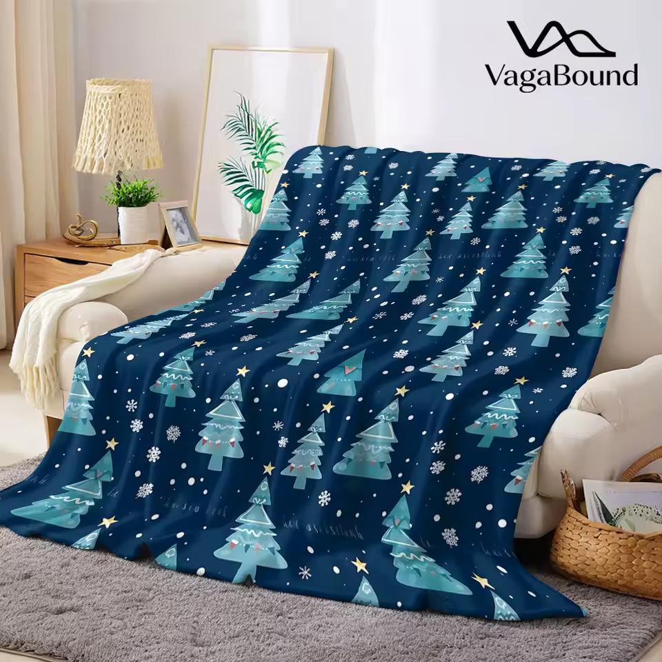 teal christmas tree snow Flannel Blanket Warm Soft Halloween Christmas Decorative Couch Warm Cozy All-Season Gift