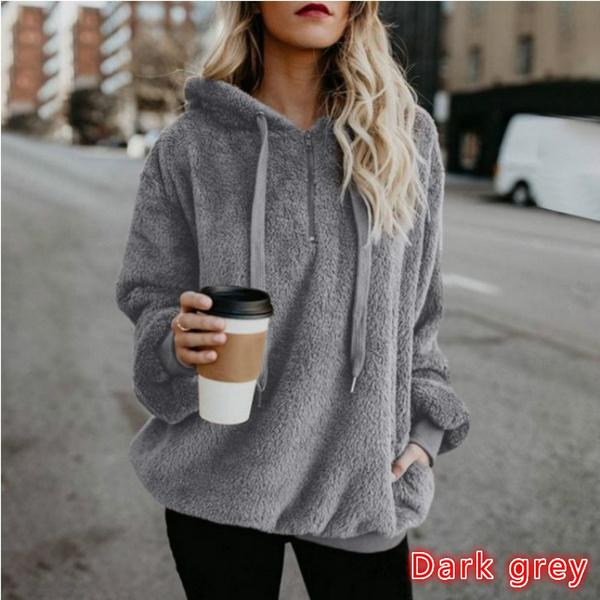 Women Sweaters Fleece Zipper Hooded Pullover Casual Solid Color Ladies Tops Long Sleeves Loose Plush Sweater