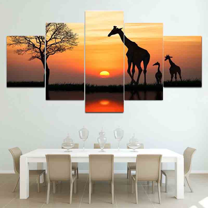 

5 шт. модульная картина с жирафом на холсте дерево пейзаж закат плакаты и принты настенные панно для гостиной домашний декор без рамки 20x35cm*2 20x45cm*2 20x55cm*1