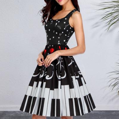 Damen Ärmelloses 1950er Vintage Kleid Notenblatt Druck Midi Kleid Retro Cocktail Swing Kleid A-Linie Abend Ballkleid für Teeparty
