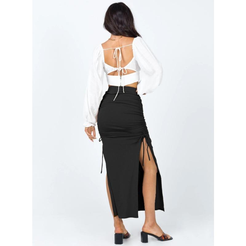 Split Knit Slim Drawstring Tie Long Bustier Skirt