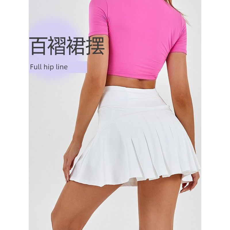 New Arrival Yoga Tennis Skirt Women's High Waist Slim Looking Sports Training Skirt Fake Two-Piece Fashion Tape Half-Length Pleated Skirt
