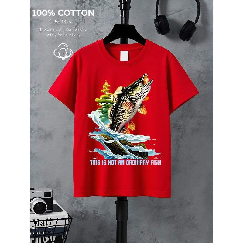 European Sizes Boys' Cotton T-shirt Fishing Fish Leaping Water Tree , Ideal for Outdoor Activities, Soft Knitted Top, Comfortable And Breathable