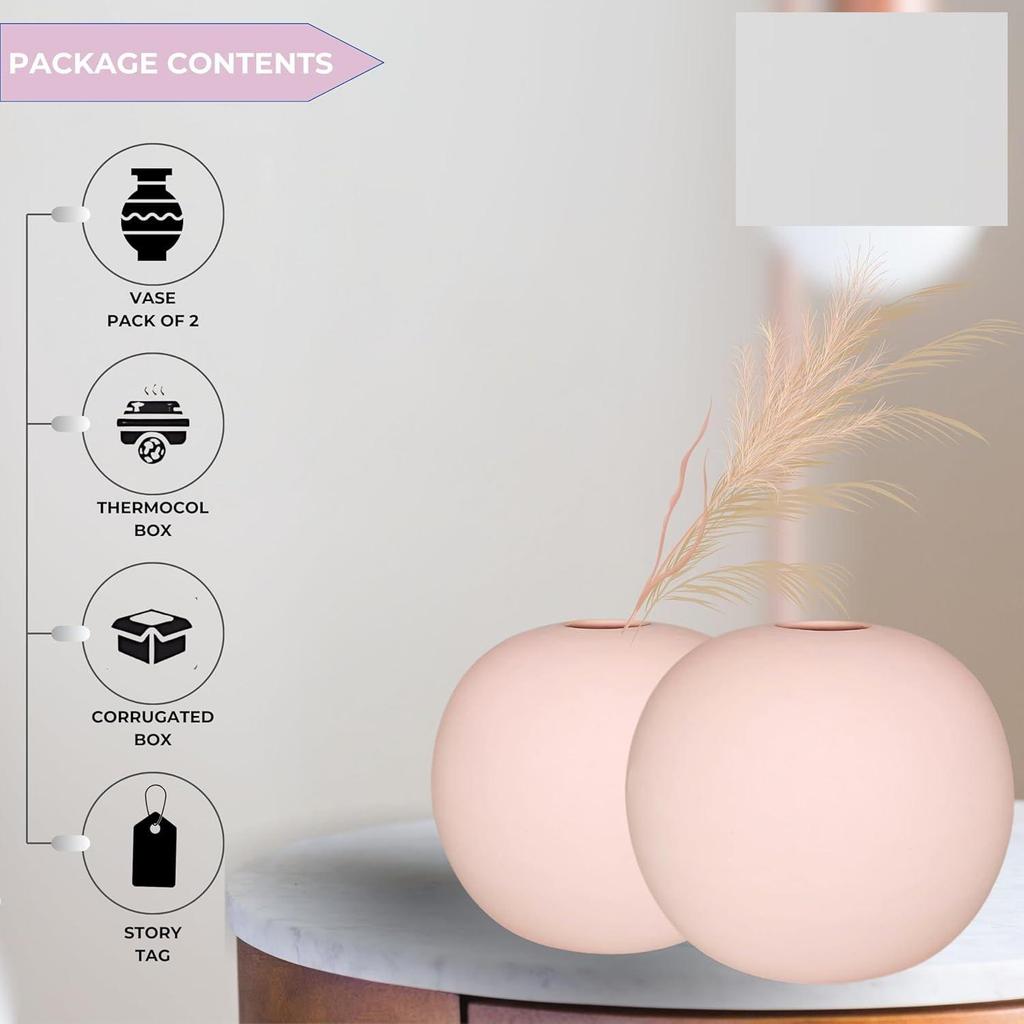 New Ceramic 'Pink Round Vase' 4 Inch - Set of 2 | Decorative Round Vase for Dried Flowers and Pampas Grass | Vases for Home Decor New