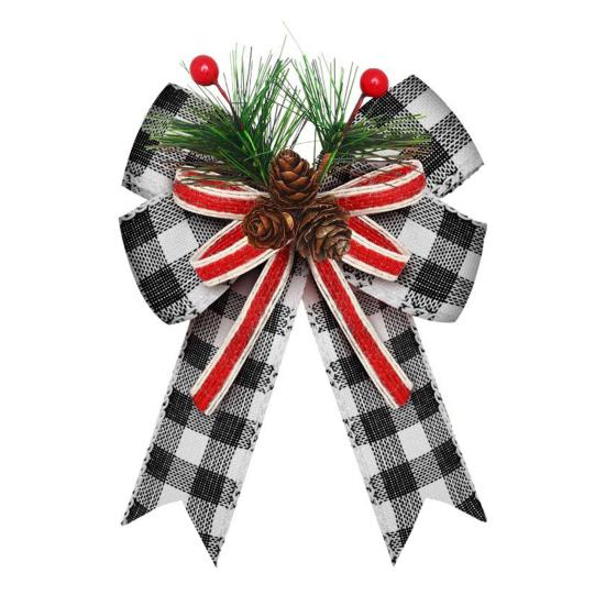 Christmas Burlap Plaid Bow with Pine Cones Pine Needles Large Buffalo Plaid Bow Xmas Wreath Checkered Bow for Holiday Crafts Home Party Tree Decor