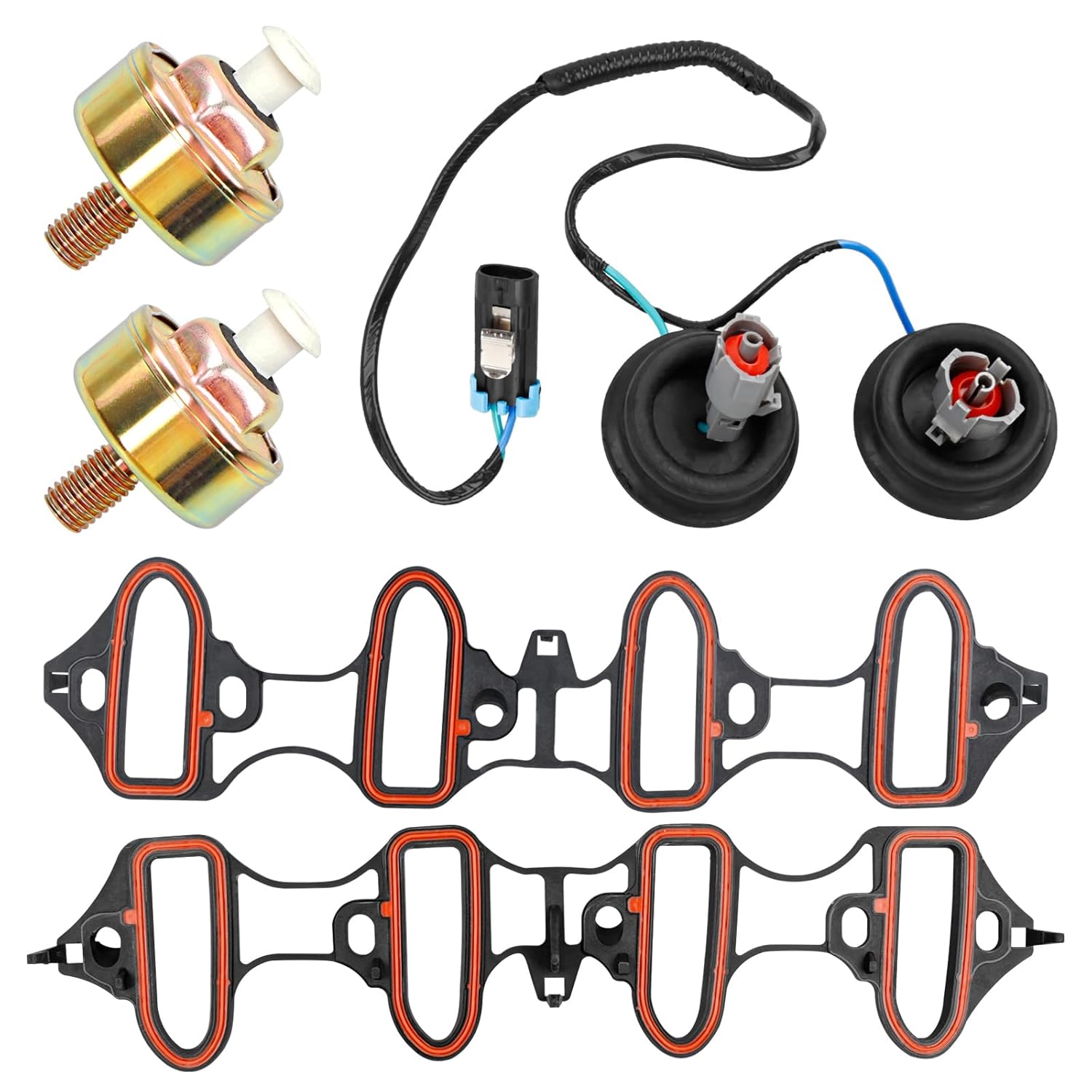 Dual Knock Sensors With Wiring Harness And Intake Manifold Gasket Kit | For Chevy Silverado Avalanche Tahoe, GMC Sierra Yukon, Cadillac Hummer & More