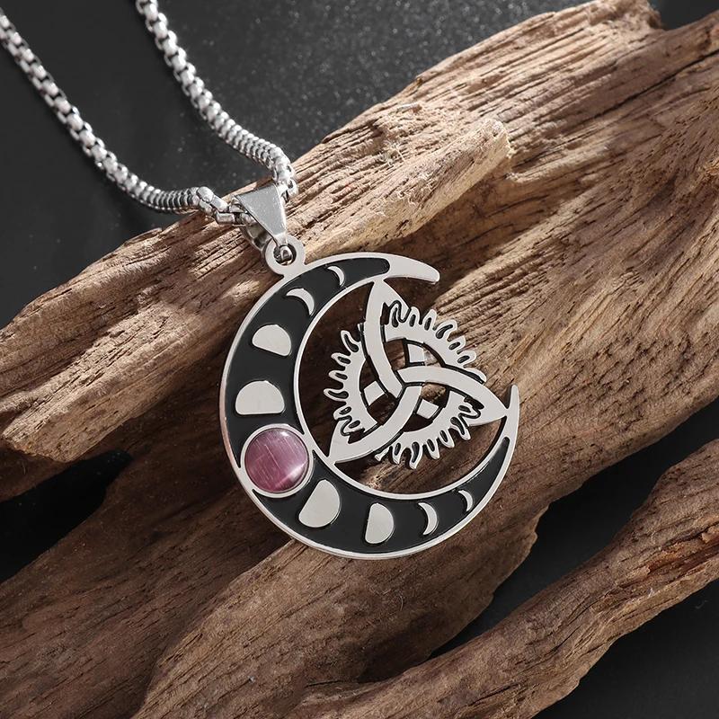 

Stainless Steel Celtic Moon Pendant Witchcraft Witch Knot Necklace Men Women Punk Personality Charm Irish Amulet Jewelry Gift