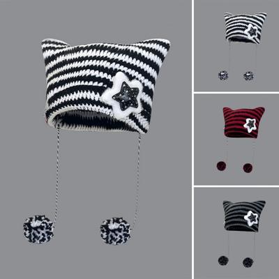 Japoński styl czapka typu beanie z uszami kota czapka z nadrukiem w gwiazdki czapka robiona na drutach jesienno-zimowa pluszowa zawieszka w kształcie kuli ciepła czapka