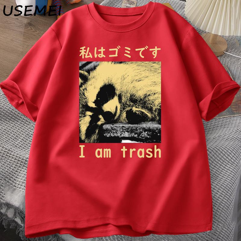 I Am Trash Japanese Raccoon Print Tshirt Harajuku Vintage High Quality Cotton Short Sleeve T-shirt Men's Clothing Top Streetwear