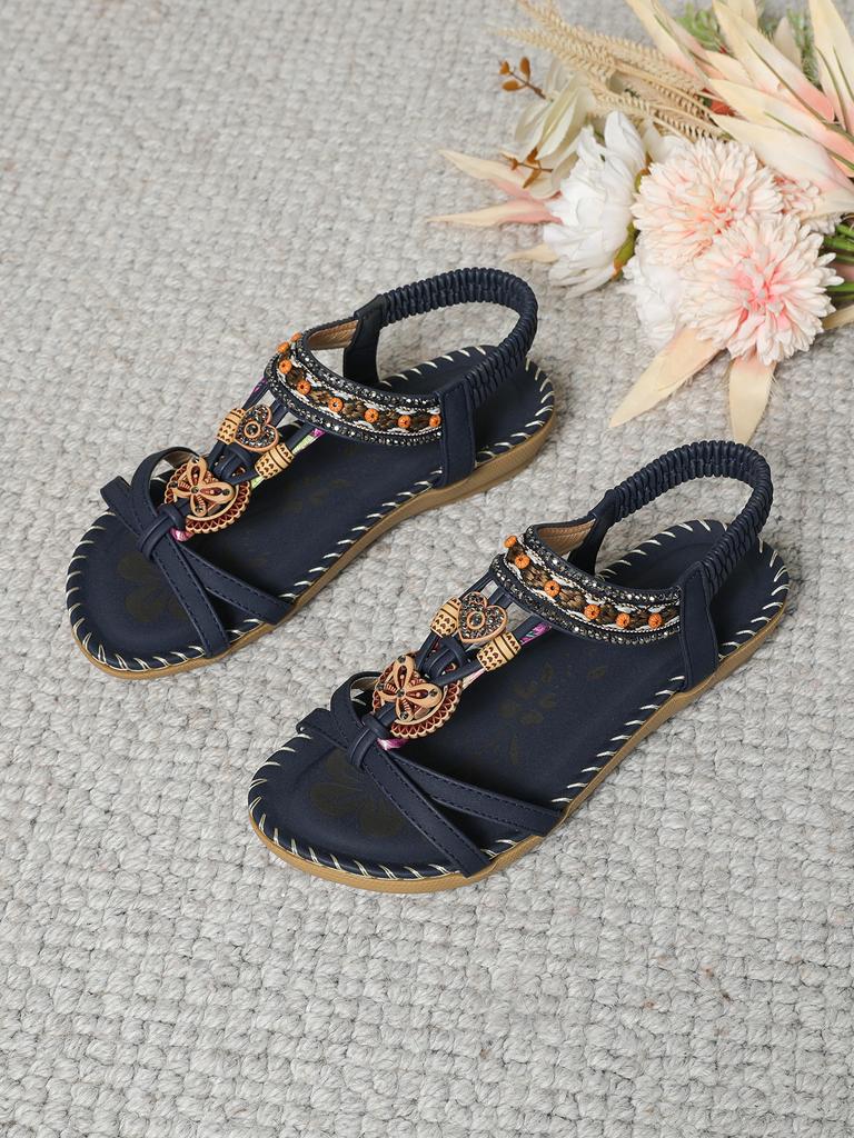 Fashion Bohemian Spring 2025 New Large Size Flat Flower Rhinestone Sandals Open-toed Beach Ladies Sandals