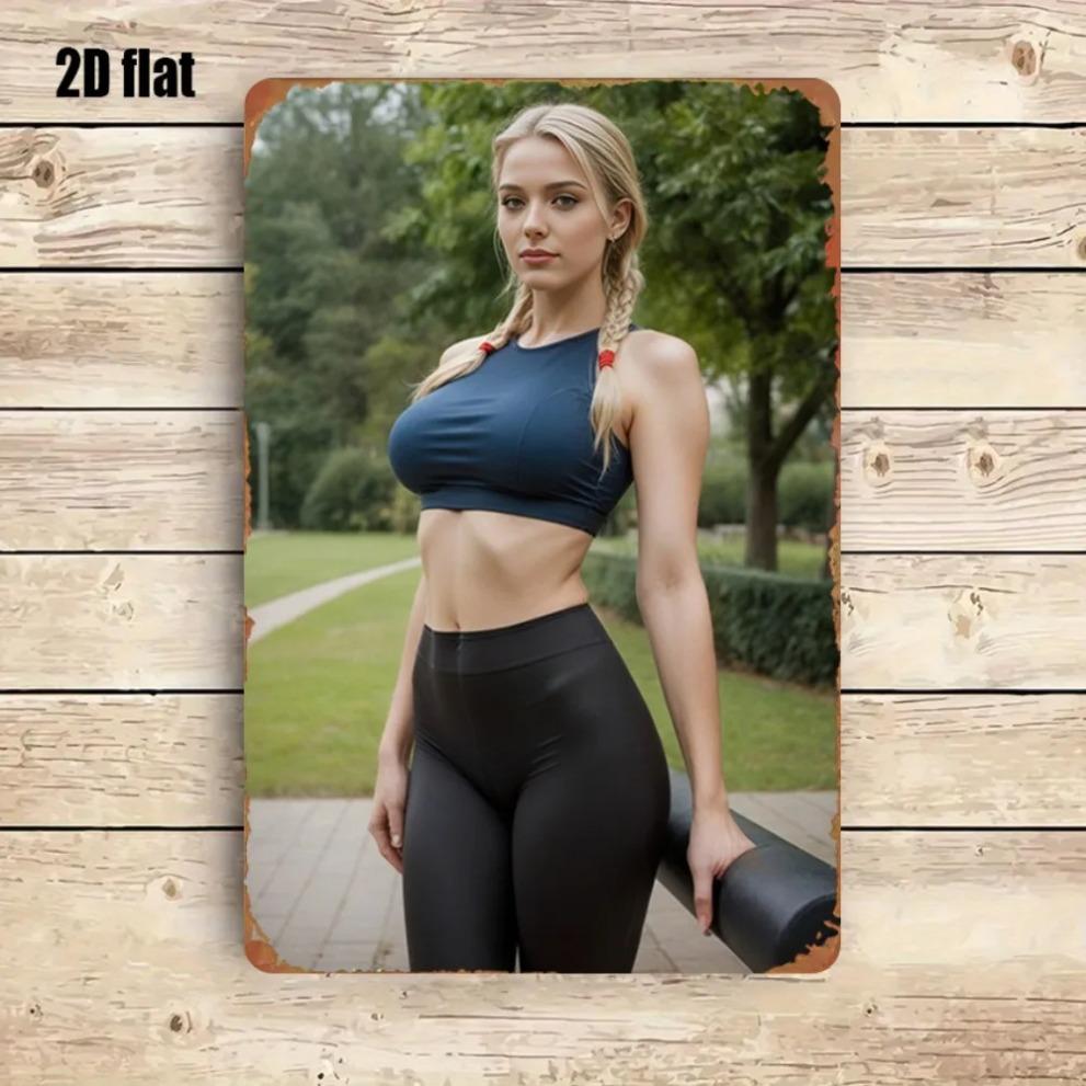 Hisun Tin Sign HD Metal Tin Sign Beautiful Blonde Fitness Model in Sportswear Retro Metal Plaque Wall Art for Man Cave Decor x Inch