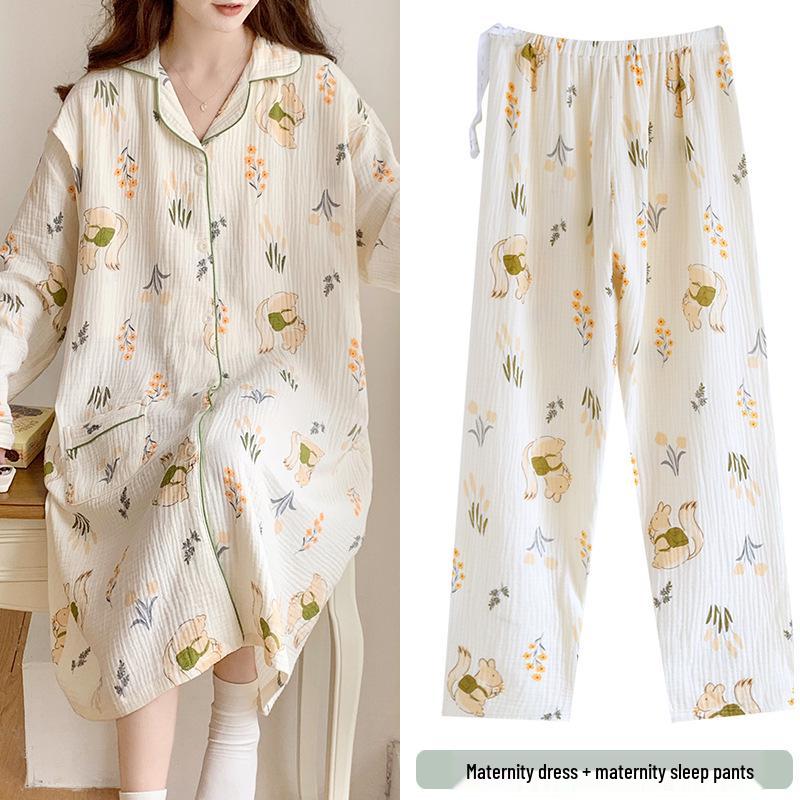 Pure Cotton Gauze Maternity Dress - Summer Nursing Nightgown for Hospital & Home, Plus Size, Women's Spring/Autumn Pregnancy Pajamas.