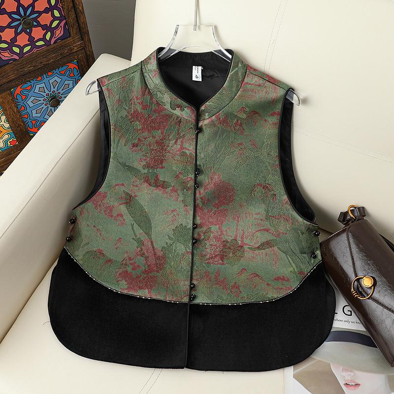 

Women s Spring Fashion Chinese-Style Stand-up Collar Jacquard Color Block Vest 2026 3XL (115-130 lbs) жовтий