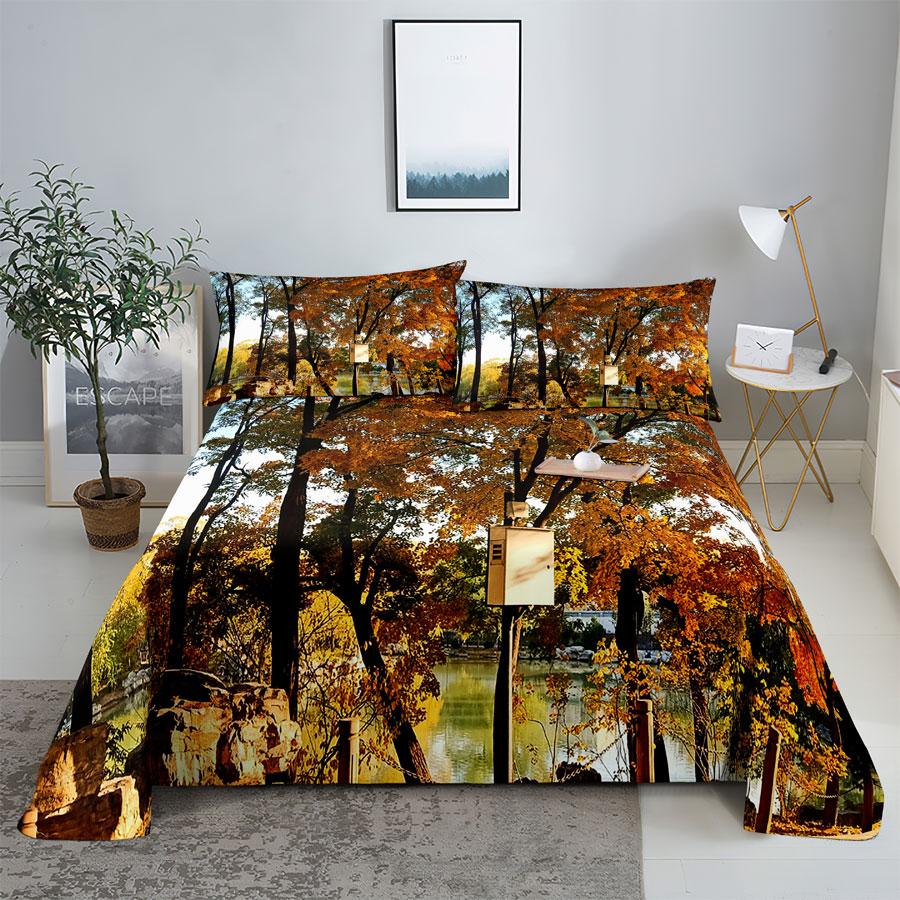 Scene Bed Sheet and Pillowcase Set Bedding Linens Cover Queen King Double Size 220x240 Trees for Bedroom Soft Twin Full Single