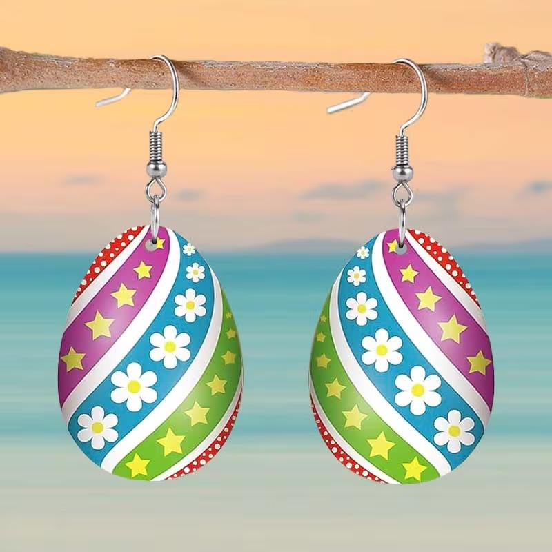 Cross-border hot-selling Easter egg earrings 2D flat acrylic creative colorful flower and star pattern earrings