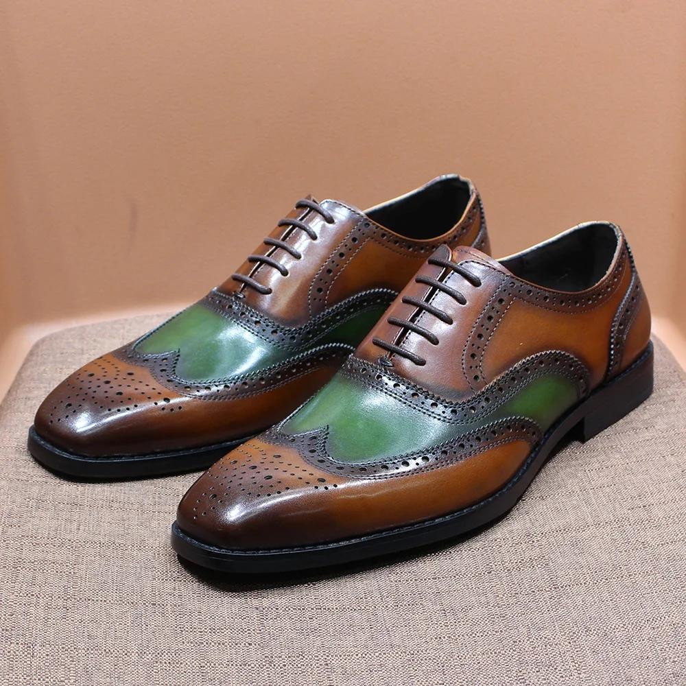 Luxury Mens Brogue Oxford Shoes Genuine Leather Lace Up Wedding Party Office Formal Shoes Handmade Wing Tip Mens Dress Shoes