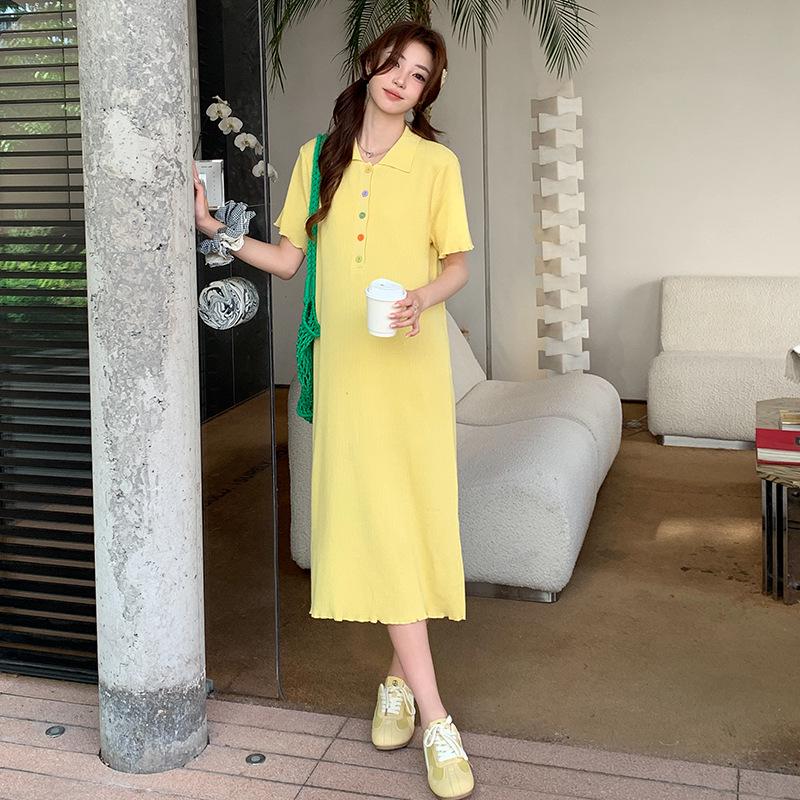 

2026 Colorful Button Knit Maternity Polo Collar Nursing Skirt Yellow