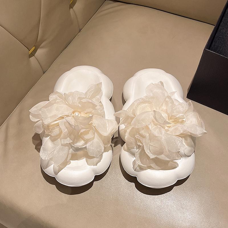 Perlenblumen-Flats Damenmode Runde Spitze Offene Zehenpartie Weiche Sohle Rutschfest und Verschleißfest Mittelhohe Hausschuhe