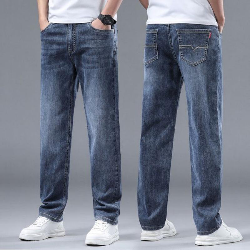 JYL Thin Jeans Men's Width Straight Elastic Trousers for Daily Use