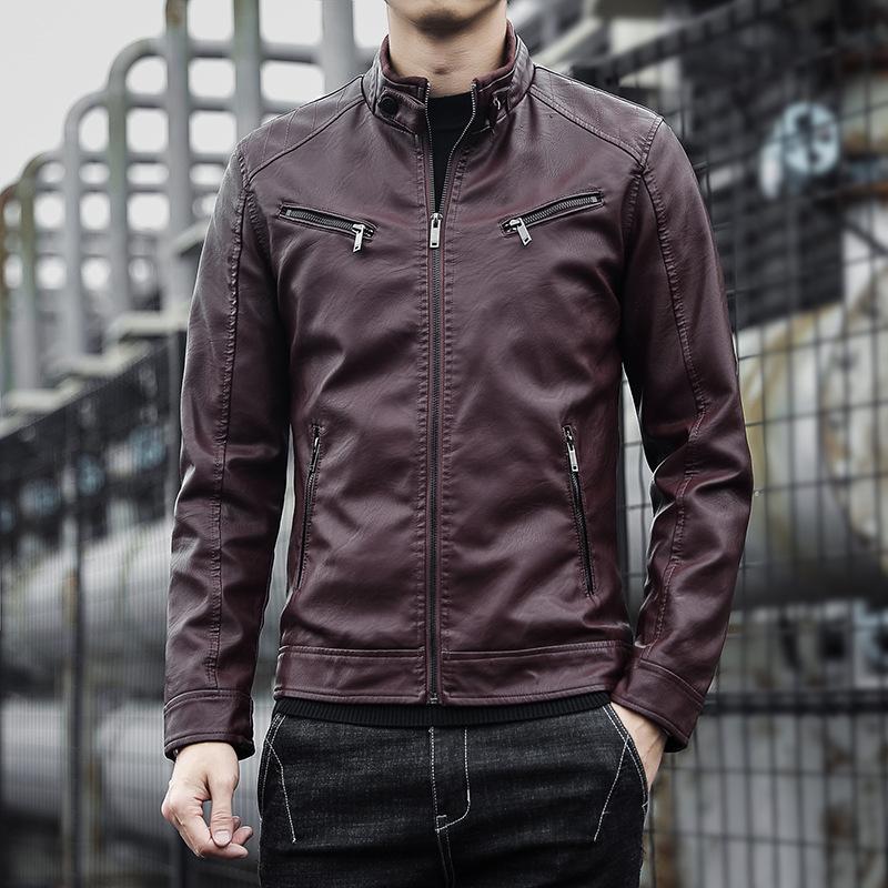Men's Stand Collar Leather Jacket Autumn and Winter New Tops Men's Velvet Thickened Work Jacket