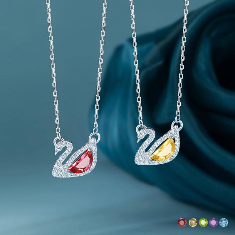 S925 Silver Swan Necklace for Women Multicolor Crystal Clavicle Chain Fashion Jewelry