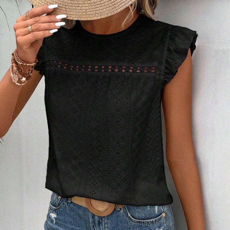 

Женская летняя футболка с круглым вырезом и летучими рукавами, повседневная кружевная однотонная пуловерная футболка, топ XXL чёрный