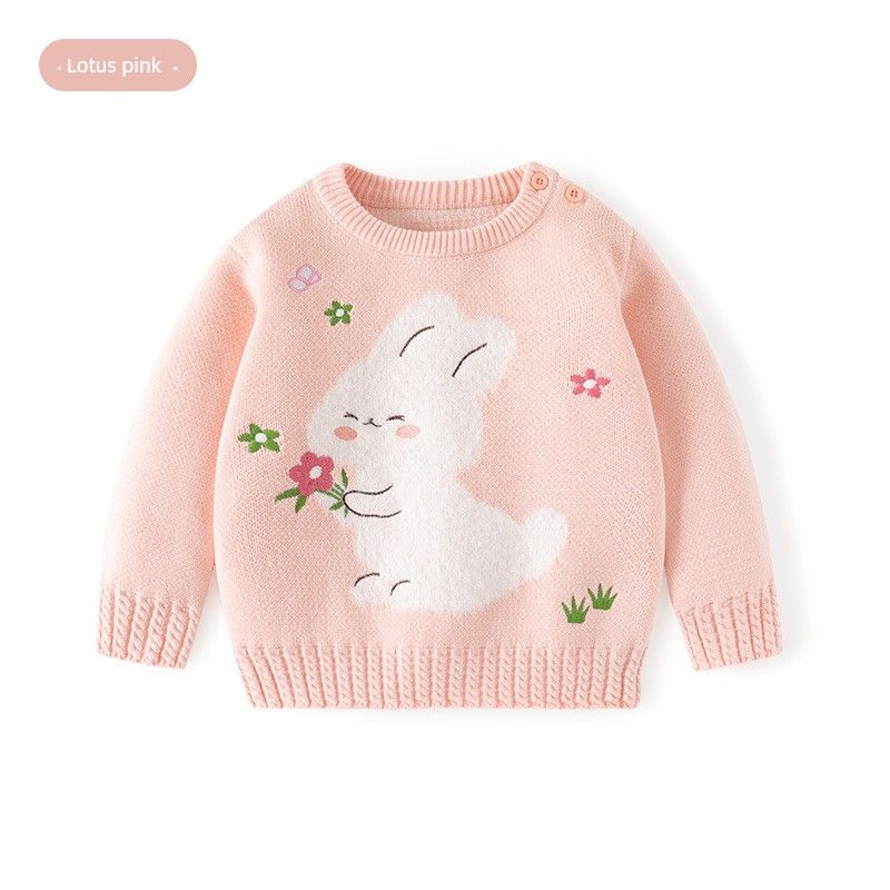 Baby Girl Bunny Clothes, Girls' Sweater, Autumn and Winter Pure Cotton Knitwear, Children's Long-Sleeved Pullover Knitwear