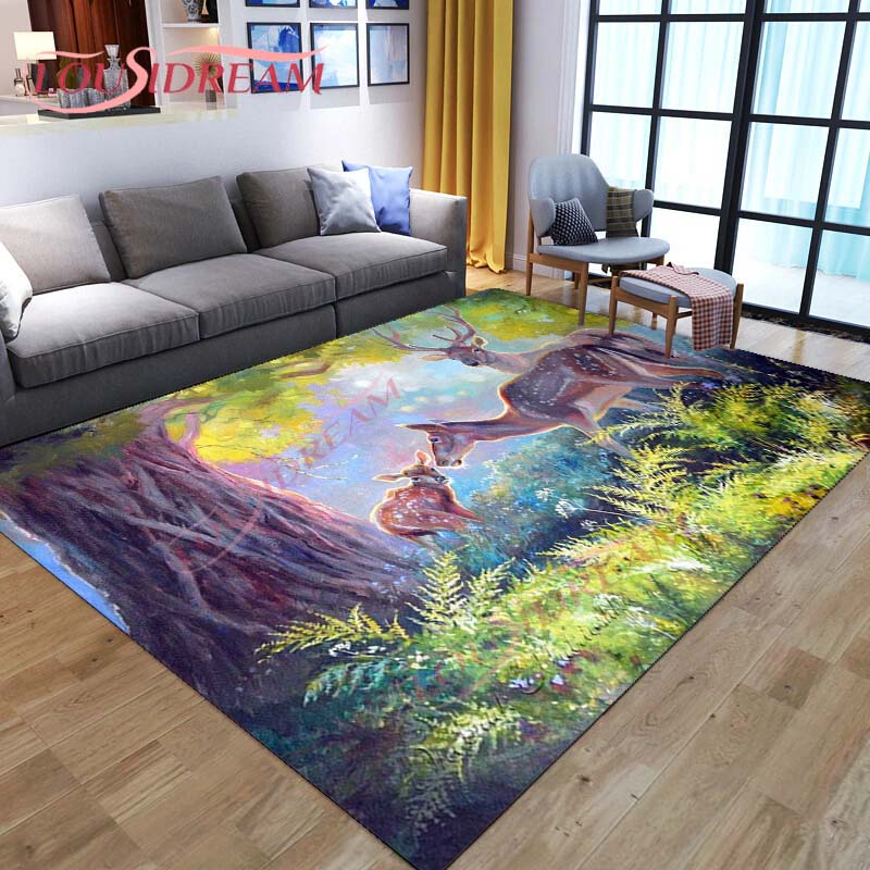 3D Cartoon Deer Rug Wildlife Mountain Landscape with Forest Carpet for Home Living Room Elk Carpet for Laundry Kids Play Carpets