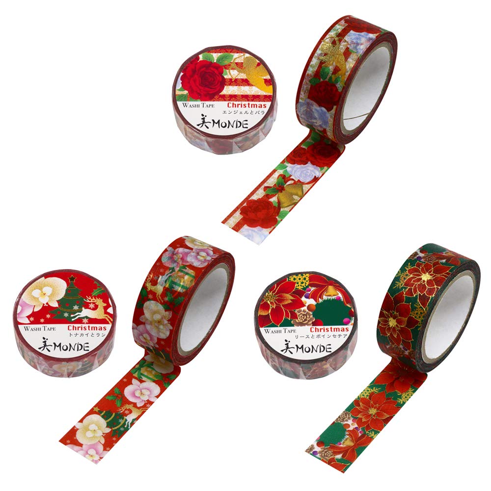 Kamiiso Japanese Washi Masking BiMONDE 15mm Set of 3 Tape, Christmas, Wide, 7m,