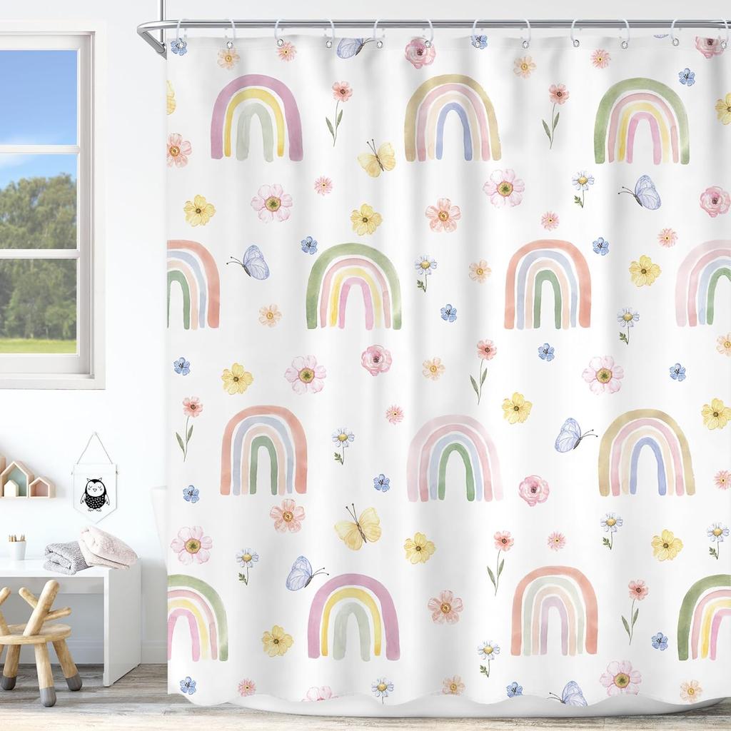 Kids Shower Curtain Girls Rainbow Dinosaur Dino Funny Fairy Animal Cartoon Cute Horse Pink Flower Inch Lovely Rabbit Bathroom