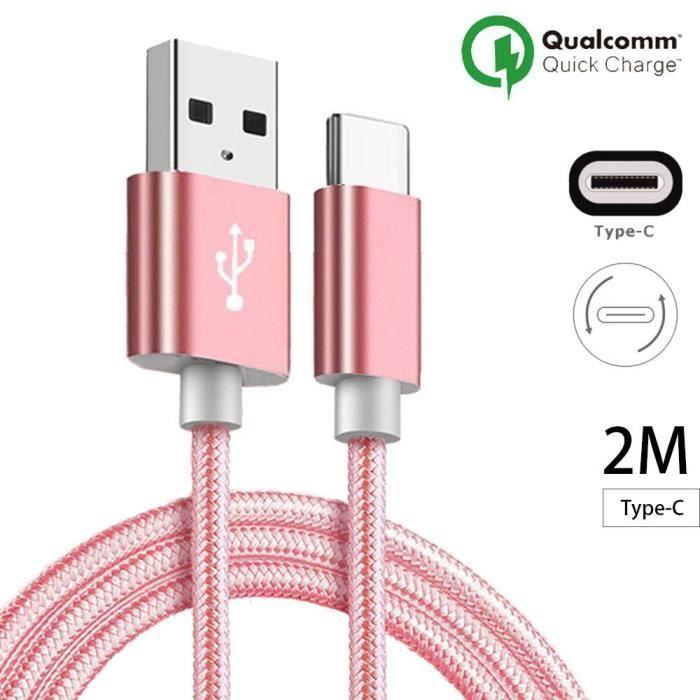 Câble USB Type C - Samsung - Galaxy S8 S8Plus S9 S9Plus S10 A3/A5(2017) Note8 Note 10 - 2M - Nylon Rose