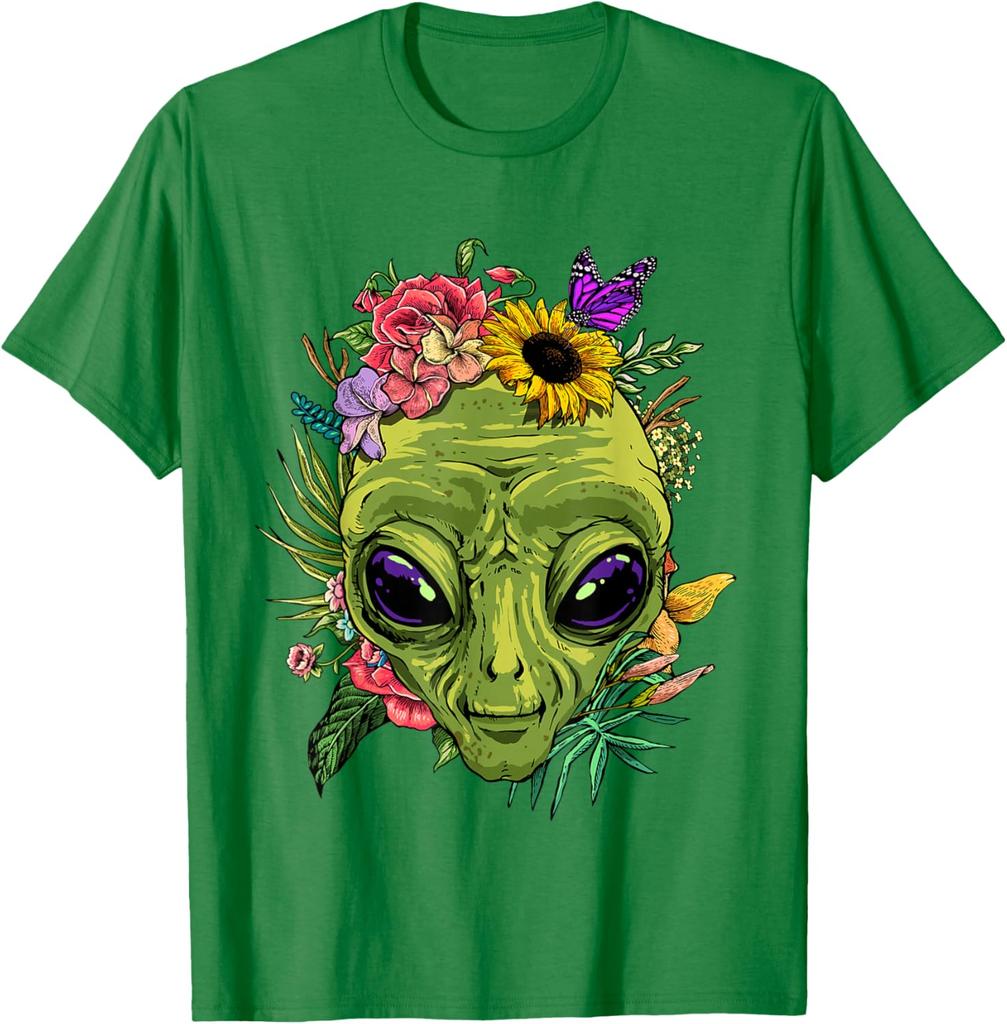 Alien mit Blumen Grafik-T-Shirt Herren Lässig Sommerausflug Rundhals-T-Shirt