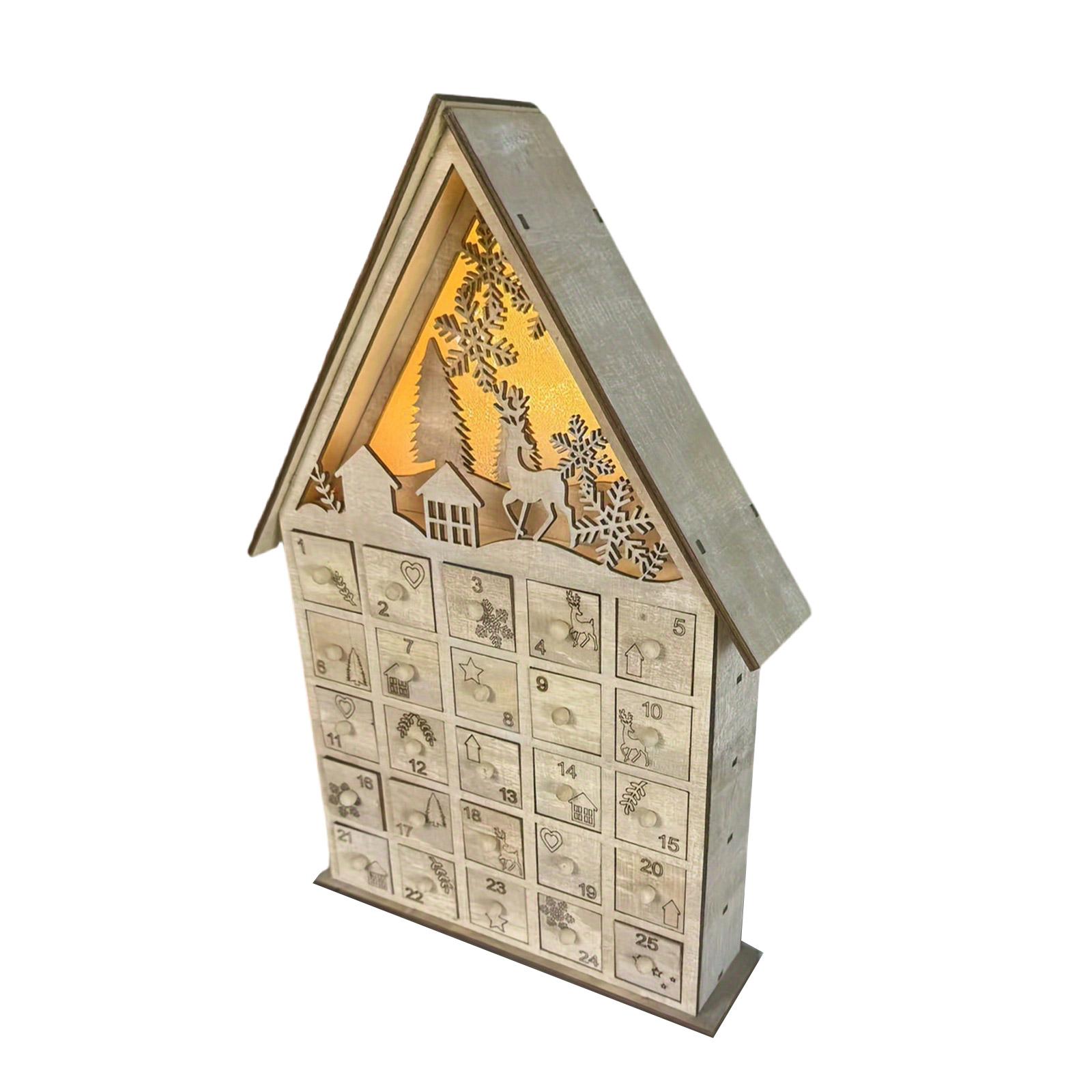 

Festive Wood Carved Advent Calendar Lighted Wooden Advent Calendar with 24 Drawers and Christmas Tree Reindeer Decors