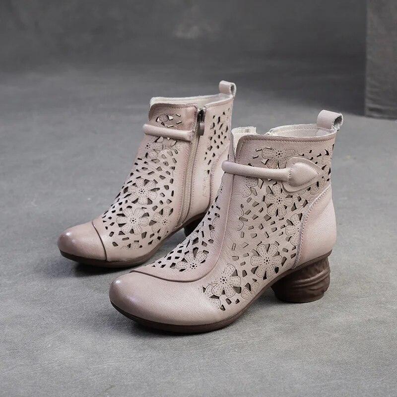 Johnature Retro Prodyšné Holínky Letní Sandály Móda z pravé kůže Dámská obuv na vysokém podpatku