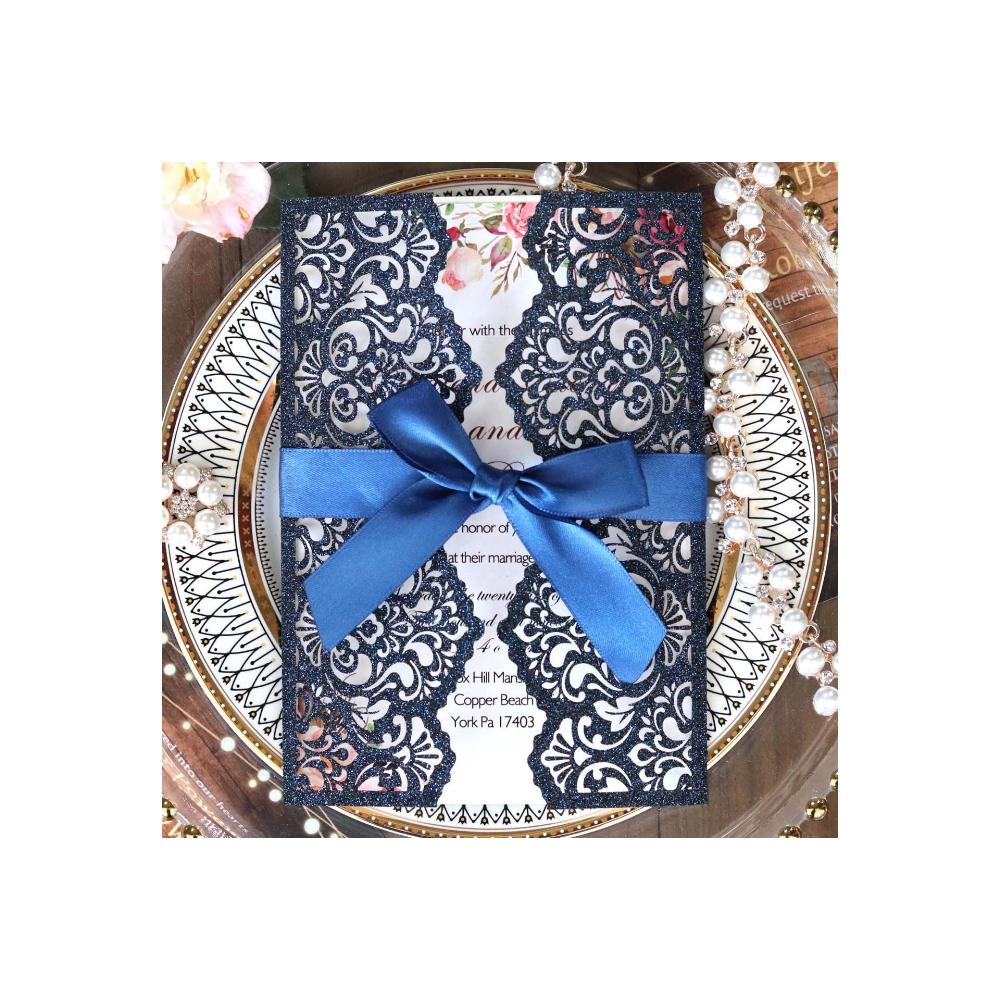 10 Stück Glitzer Einladungskarte mit Band Grußkarten Hochzeit Mariage Einladung Party Taufe Bar Mitzwa Party Dekoration