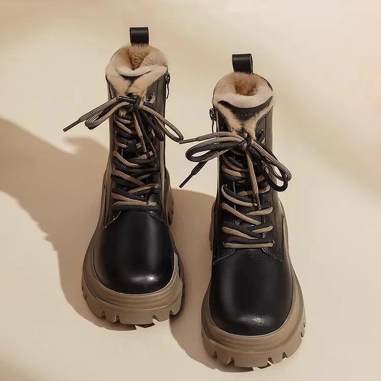 

Новые зимние сапоги 2024 года для женщин, утепленные флисом, толстые женские ботинки в британском стиле, повседневная простая женская обувь 35 чёрный